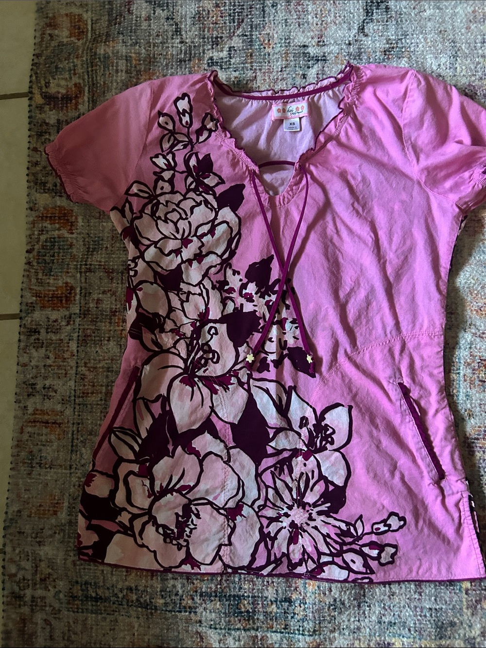 Women's Scrub Pink Floral Tie-Front Top